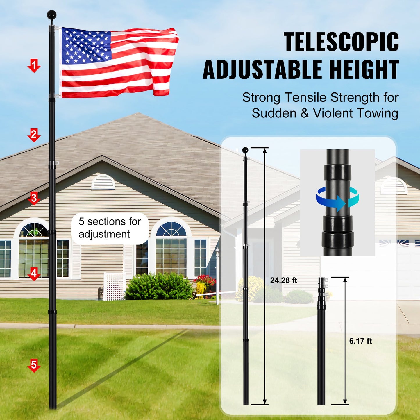 VEVOR 25FT Telescopic Flagpole Kit, Heavy Duty Aluminum Alloy Flag Pole Kit in Ground