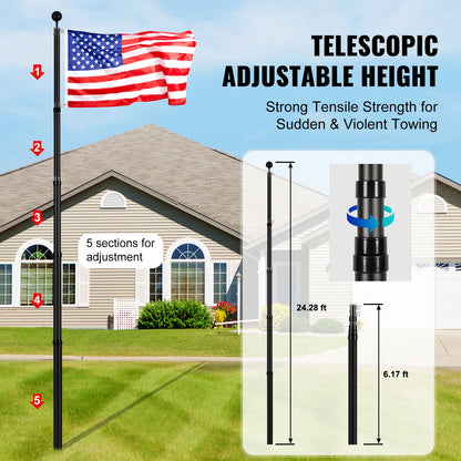 VEVOR 25FT Telescopic Flagpole Kit, Heavy Duty Aluminum Alloy Flag Pole Kit in Ground