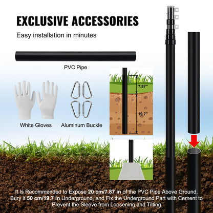 VEVOR 25FT Telescopic Flagpole Kit, Heavy Duty Aluminum Alloy Flag Pole Kit in Ground