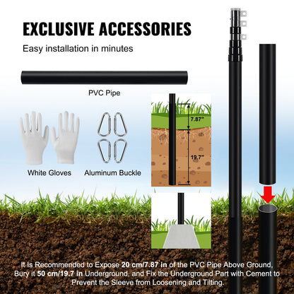 25-Meter Telescopic Flagpole Kit, Heavy Duty Aluminum Alloy, Black, for Outdoor Use