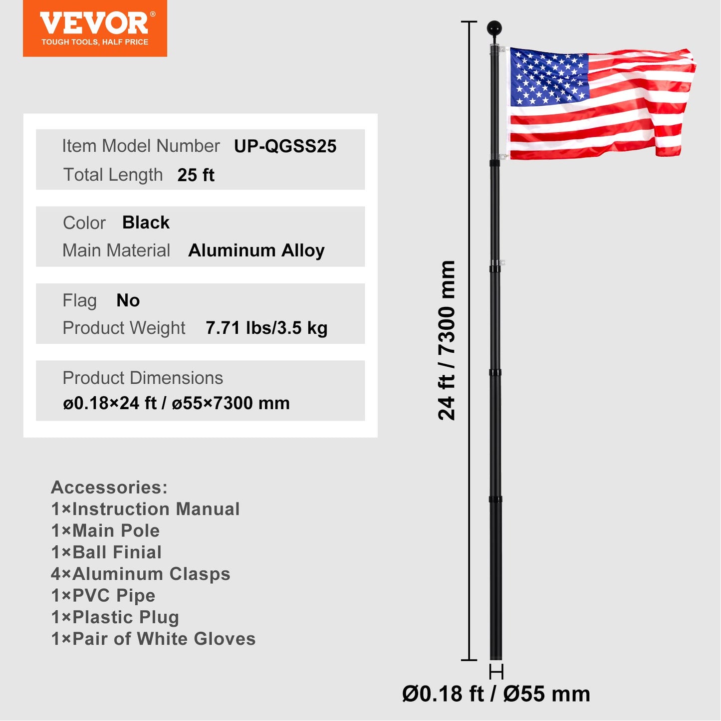 VEVOR 25FT Telescopic Flagpole Kit, Heavy Duty Aluminum Alloy Flag Pole Kit in Ground