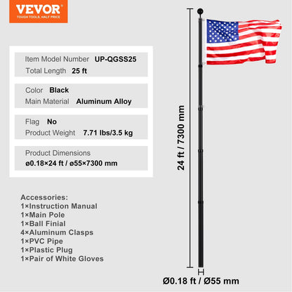 25-Meter Telescopic Flagpole Kit, Heavy Duty Aluminum Alloy, Black, for Outdoor Use