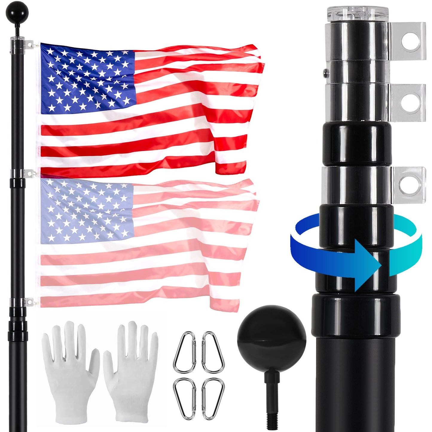 VEVOR 25FT Telescopic Flagpole Kit, Heavy Duty Aluminum Alloy Flag Pole Kit in Ground
