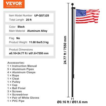 25-Meter Black Aluminum Flagpole Kit, Heavy Duty, Detachable, Easy Install