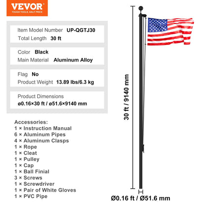30m Heavy Duty Aluminum Flagpole Kit, Detachable & Easy Install, Black