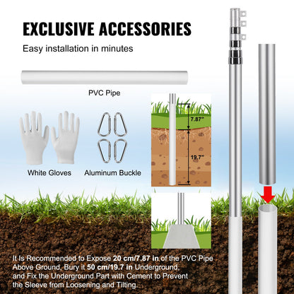 VEVOR 20FT Telescopic Flagpole Kit, Heavy Duty Aluminum Alloy Flag Pole Kit in Ground