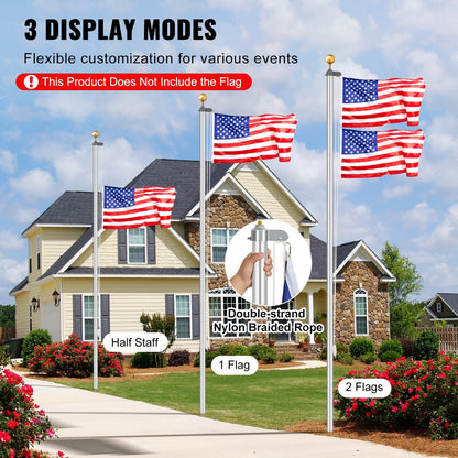 20m Detachable Aluminum Flagpole Kit - Heavy Duty, Easy Install, Silver