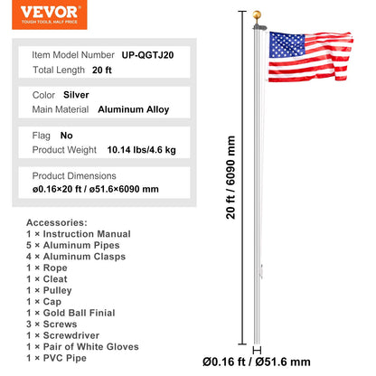 20m Detachable Aluminum Flagpole Kit - Heavy Duty, Easy Install, Silver