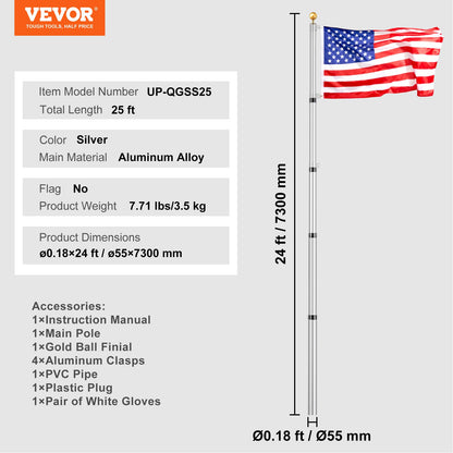 VEVOR 25FT Telescopic Flagpole Kit, Heavy Duty Aluminum Alloy Flag Pole Kit in Ground