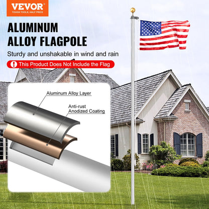 25m Detachable Heavy Duty Aluminum Flagpole Kit, Silver, Easy Installation