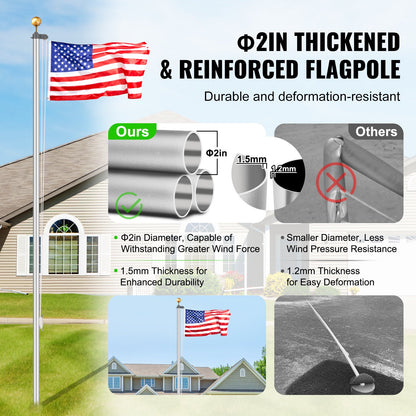 VEVOR 25FT Detachable Flagpole Kit Heavy Duty Aluminum Flag Pole Silver