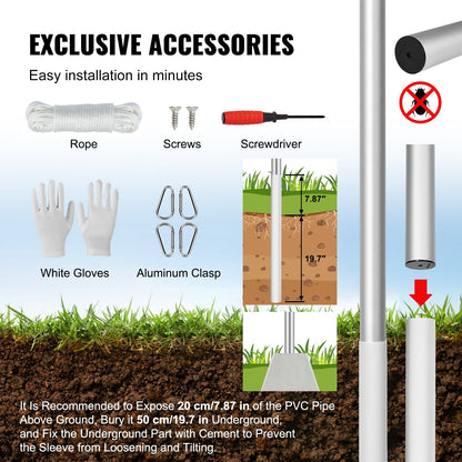 25m Detachable Heavy Duty Aluminum Flagpole Kit, Silver, Easy Installation