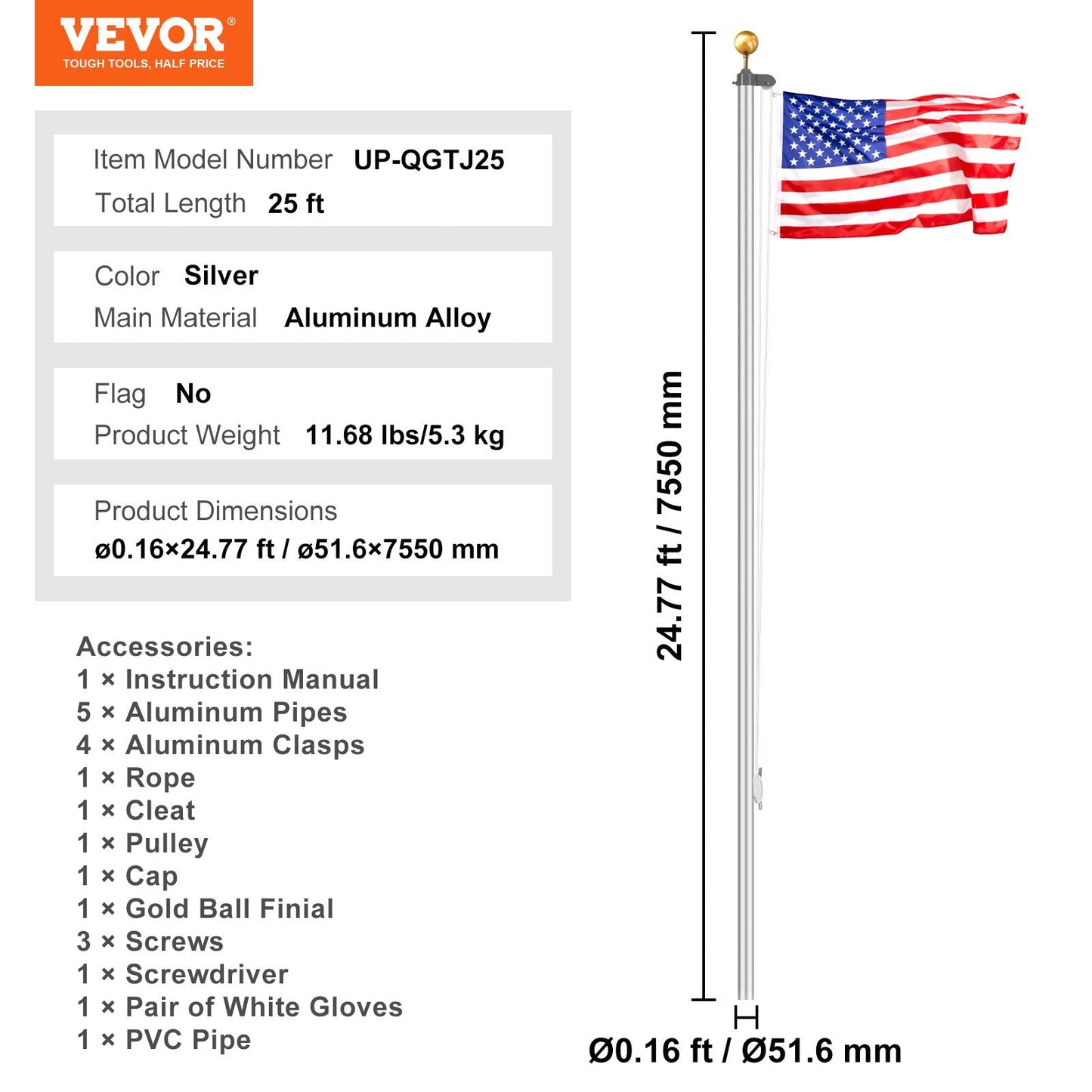 25m Detachable Heavy Duty Aluminum Flagpole Kit, Silver, Easy Installation