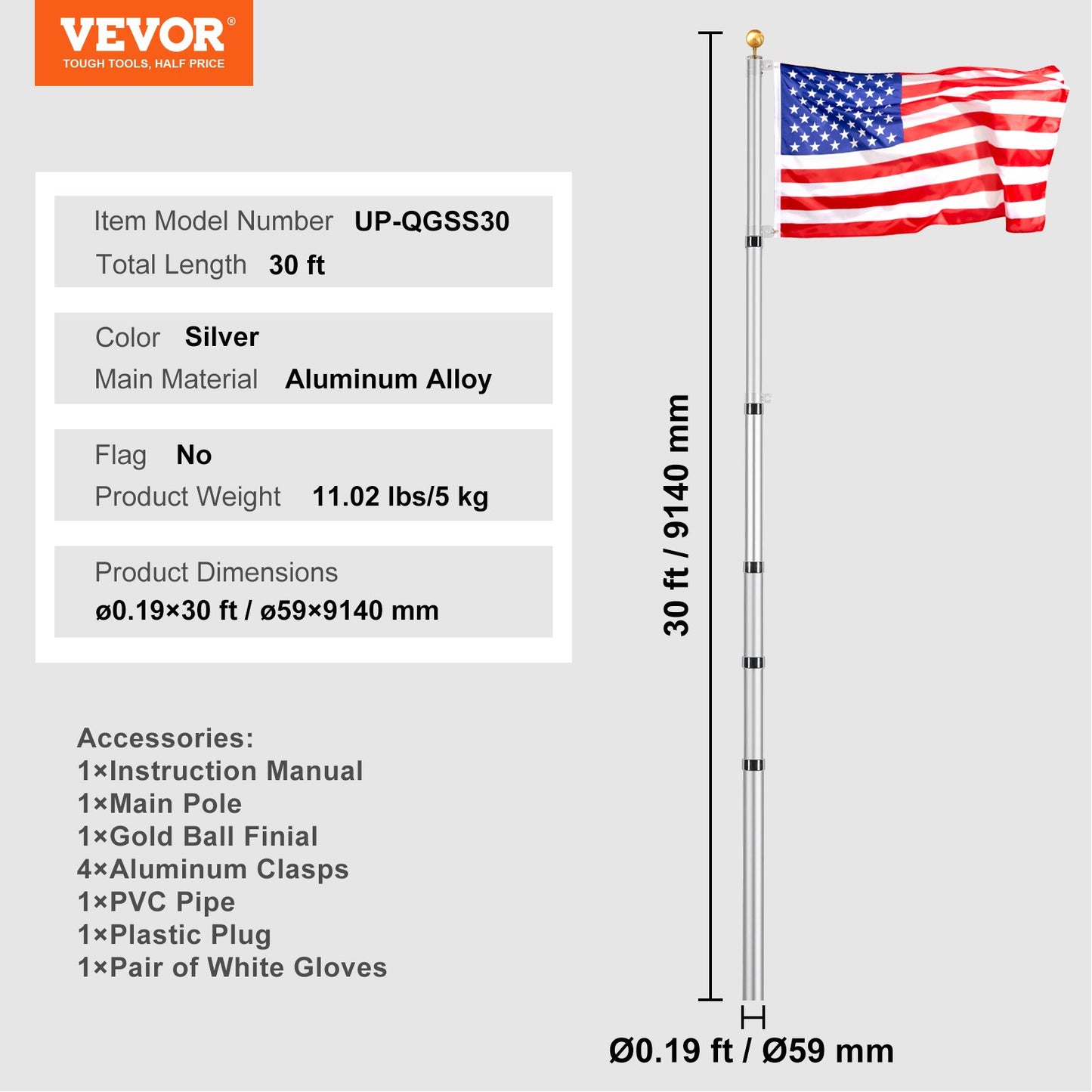 VEVOR 30FT Telescopic Flagpole Kit, Heavy Duty Aluminum Alloy Flag Pole Kit in Ground