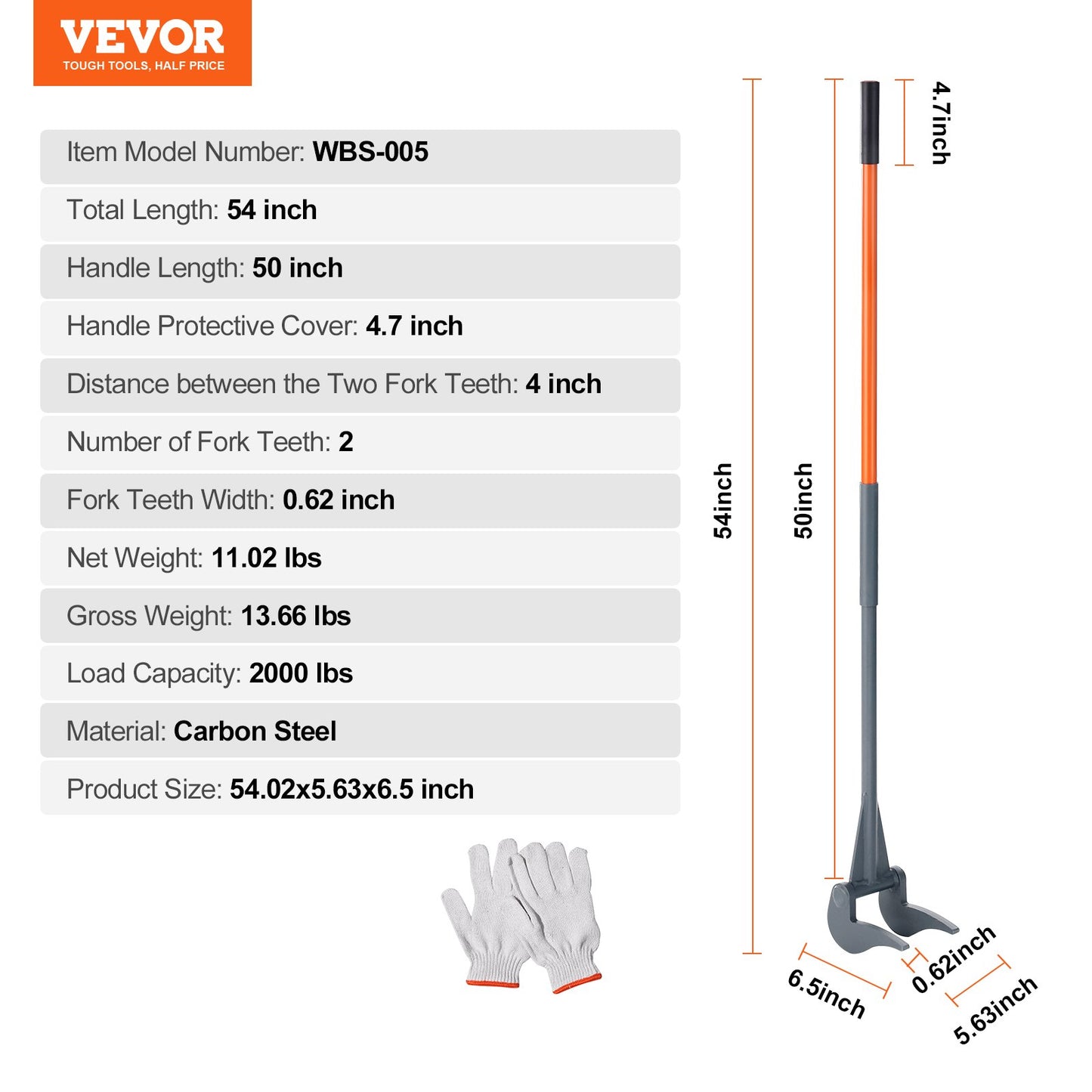 VEVOR Pallet Buster, 50'' Carbon Steel Handle Wrecking Pry Bar, 2000 lbs Weight