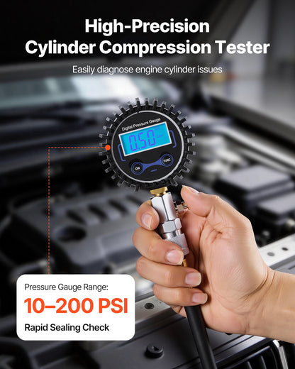 Engine Cylinder Compression Tester Kit, Pressure Gauge Range of 10-200 PSI, Compression Tester Kit with 4 Adapters, Straight & Angled Extended Metal Tubes for Automotive Cars and Motorcycles