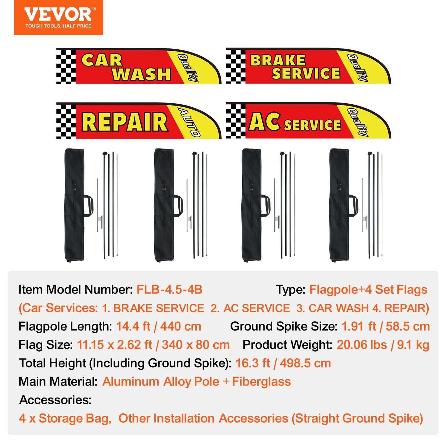 Auto Repair Advertising Feather Flag Kit with Poles, 4 Sets, 4.98 Meters Tall