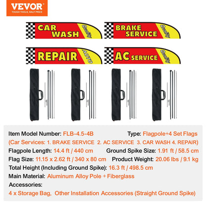 Auto Repair Advertising Feather Flag Kit with Poles, 4 Sets, 4.98 Meters Tall