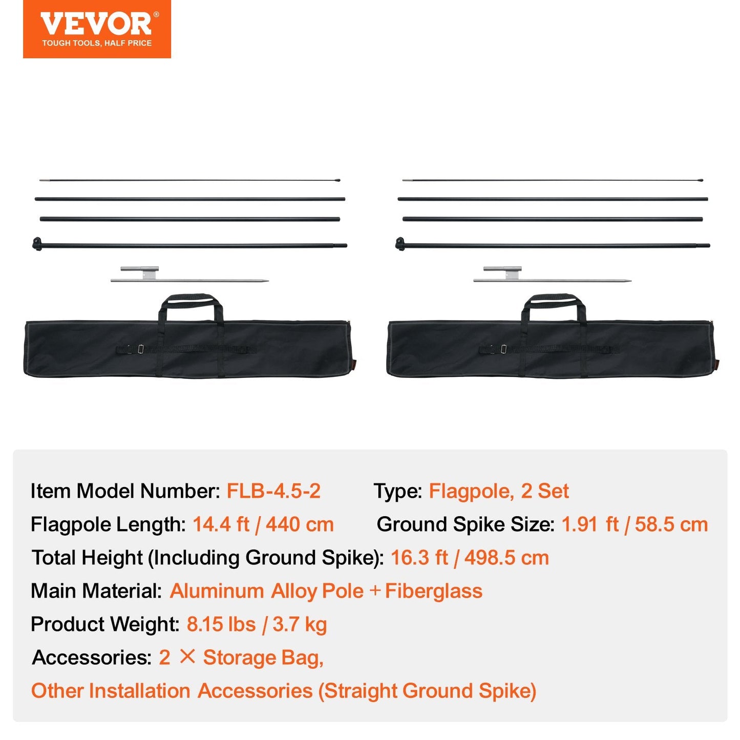Dual Pack Feather Flag Pole Kit - 4.98m Height with Ground Stakes and Storage Bag