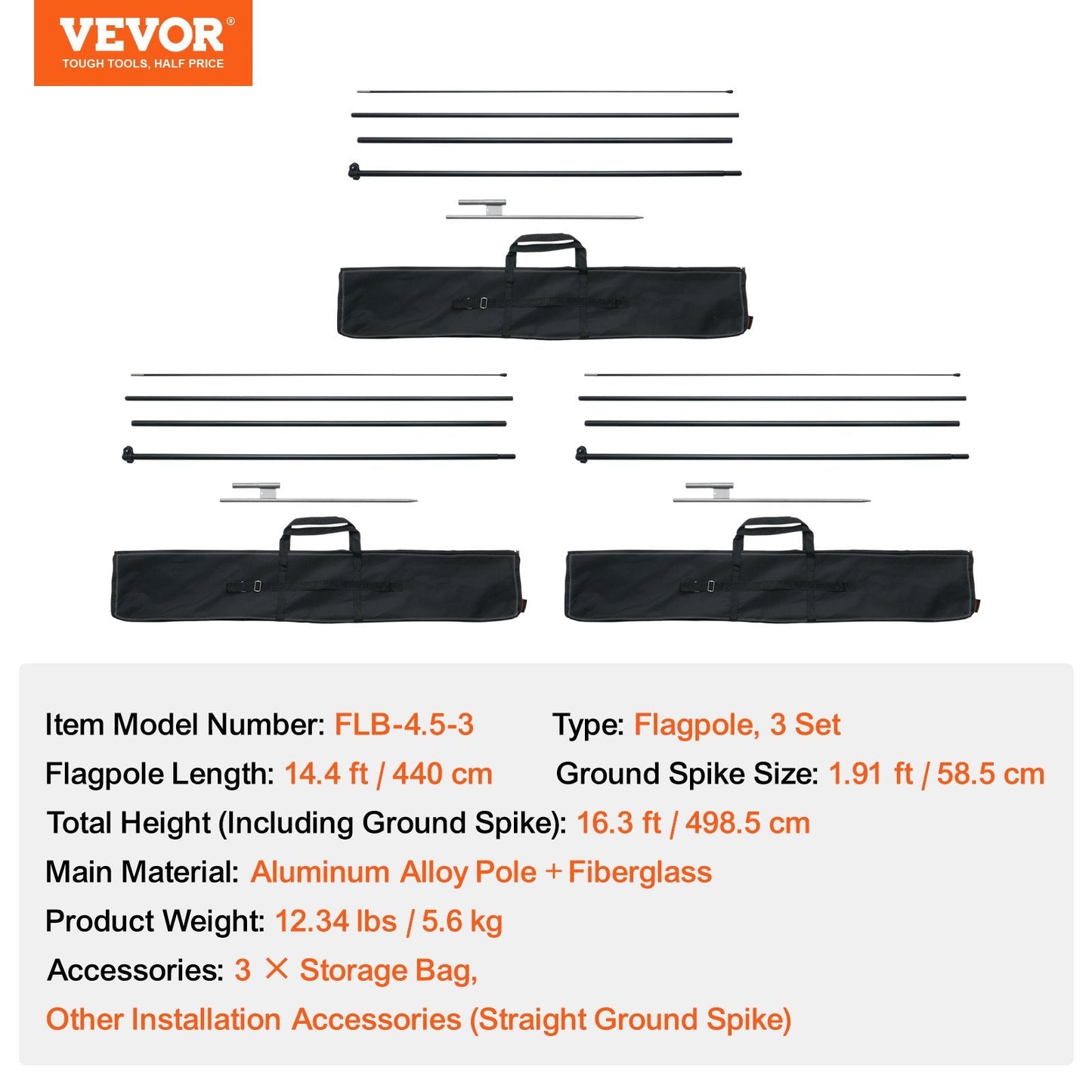 Swooper Flag Pole Kit, 3 Sets, 5m with Ground Stakes, Aluminum & Fiberglass