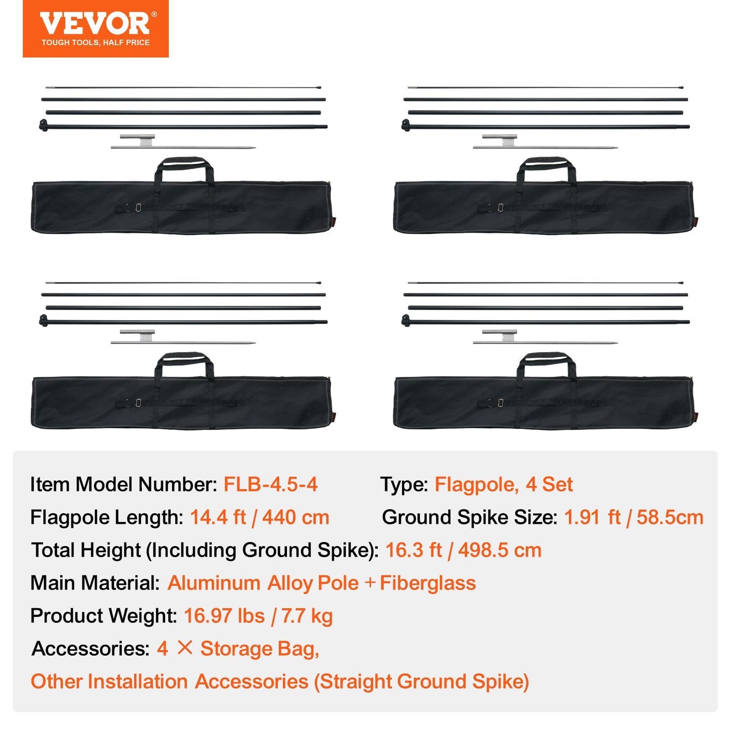 Feather Flagpole Kit with Ground Stakes, 4 Pack, 5m Tall, 7.7kg