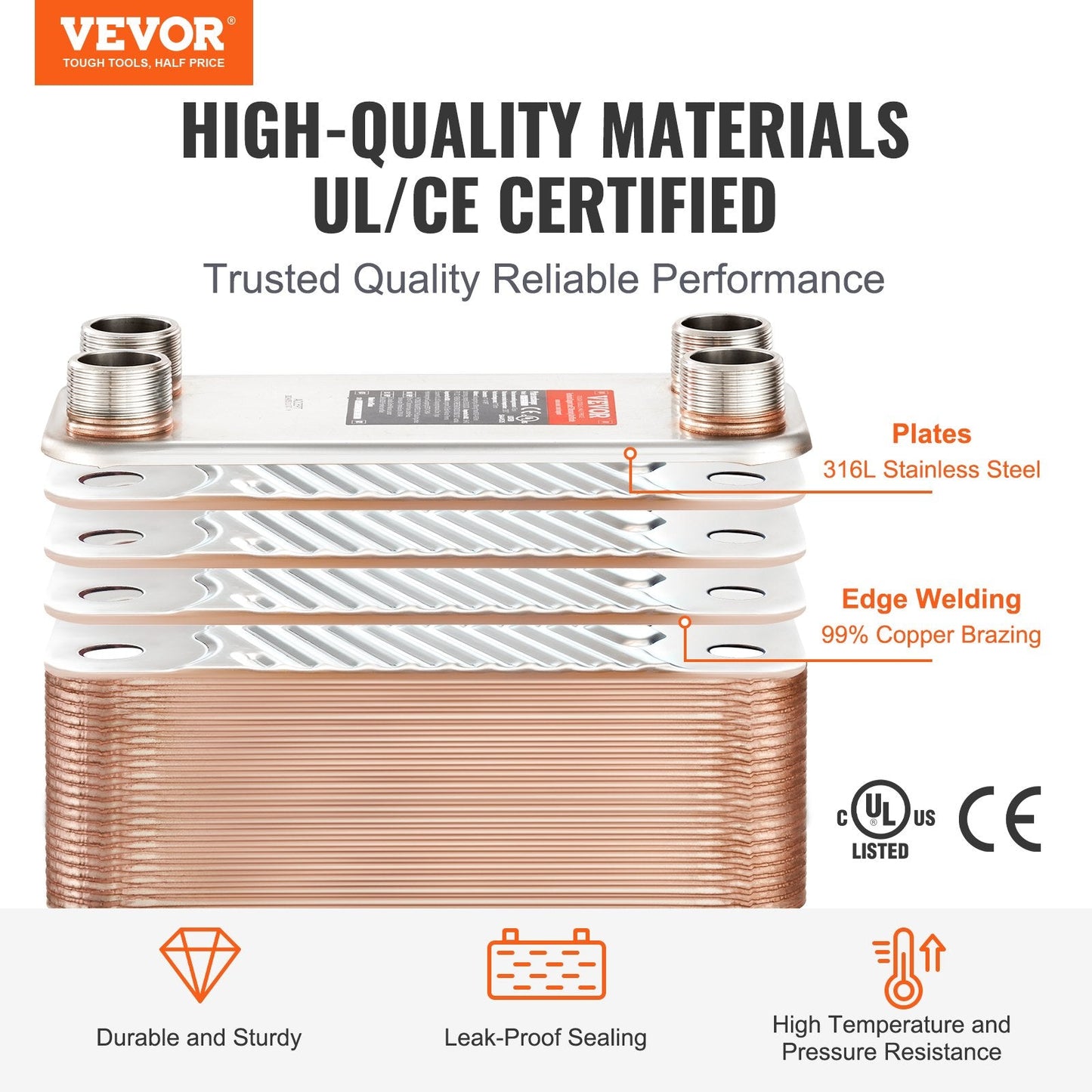 100 Plate Heat Exchanger, 4 Ports, 0.13x0.3m, Brazed Stainless Steel