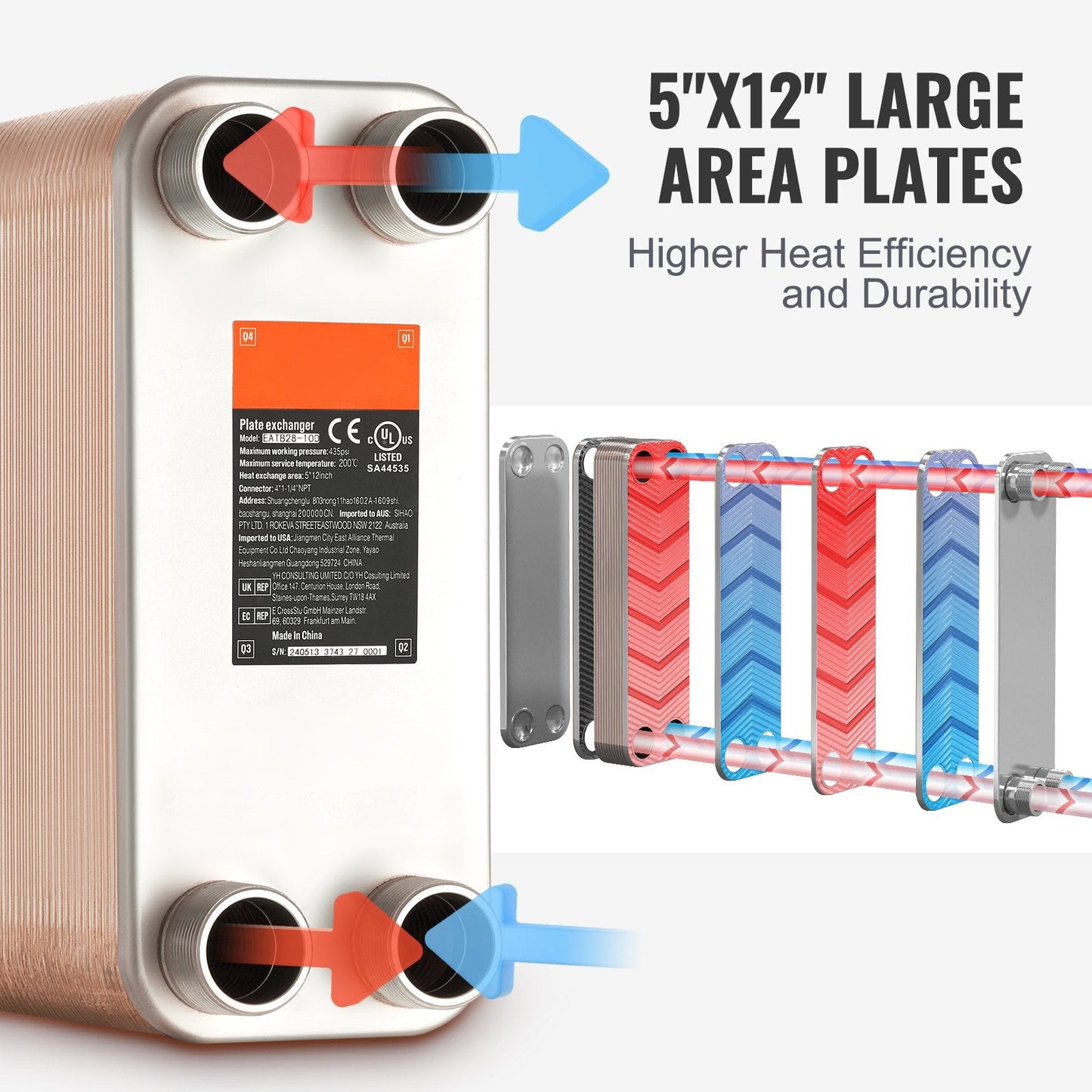 100 Plate Heat Exchanger, 4 Ports, 0.13x0.3m, Brazed Stainless Steel