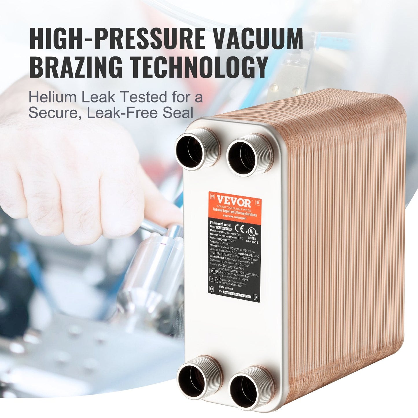 100 Plate Heat Exchanger, 4 Ports, 0.13x0.3m, Brazed Stainless Steel