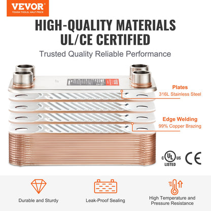 VEVOR 30 Plate Heat Exchanger 4*1-1/4" MNPT Ports 5"x 12" Brazed 316L St. Steel