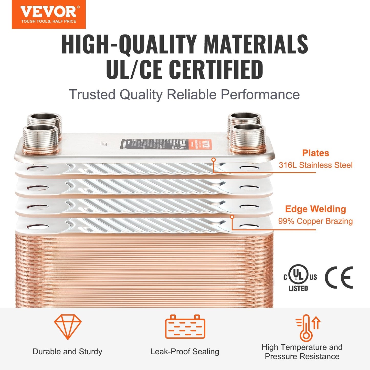 50-Plate Stainless Steel Heat Exchanger, 0.13x0.3m, High Efficiency, Dual Use