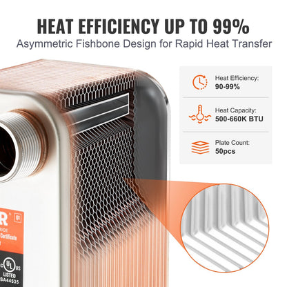 50-Plate Stainless Steel Heat Exchanger, 0.13x0.3m, High Efficiency, Dual Use