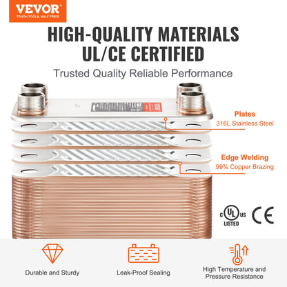 VEVOR Heat Exchanger, 5"x 12" 80 Plates Brazed Plate Heat Exchanger, Copper/316L