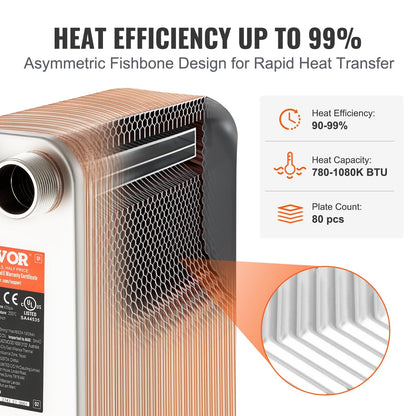 80-Plate Copper/Steel Heat Exchanger for Heating and Cooling, 127x305mm