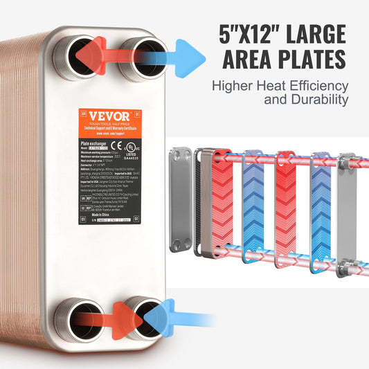 80-Plate Copper/Steel Heat Exchanger for Heating and Cooling, 127x305mm