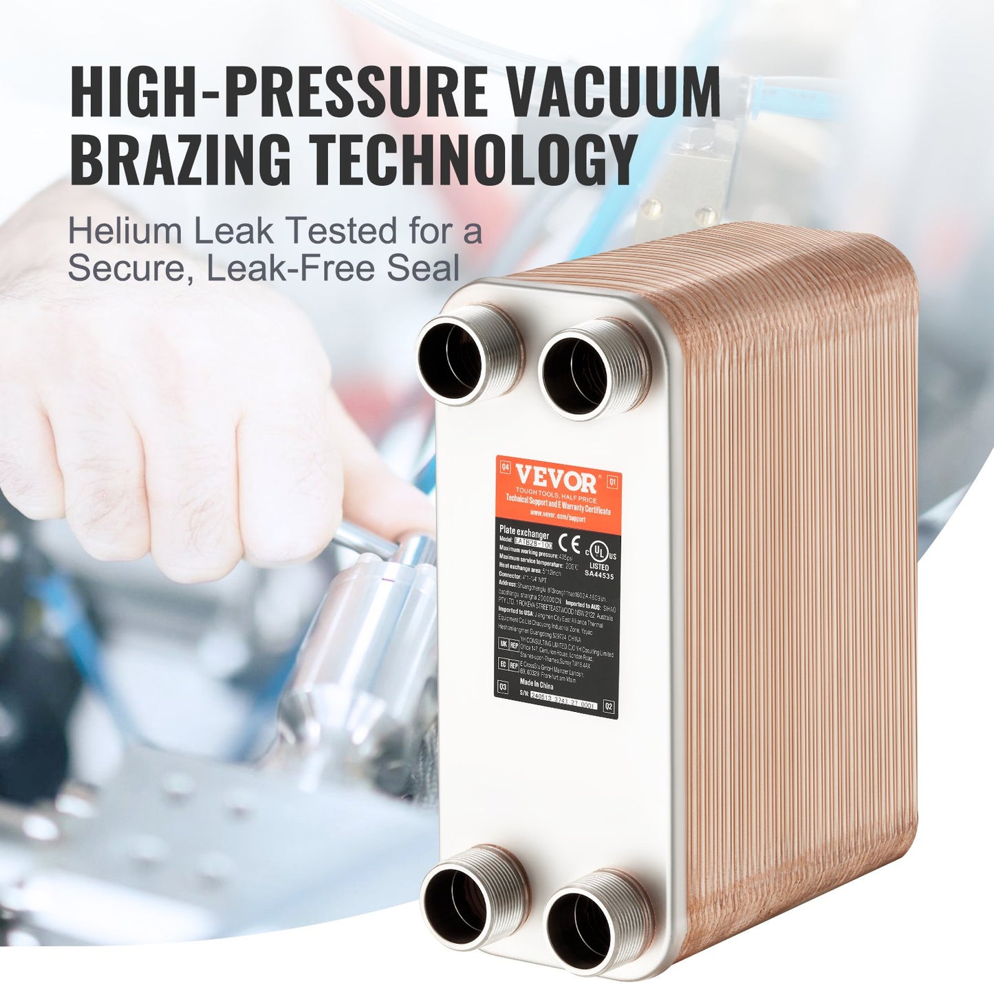 VEVOR Heat Exchanger, 5"x 12" 80 Plates Brazed Plate Heat Exchanger, Copper/316L