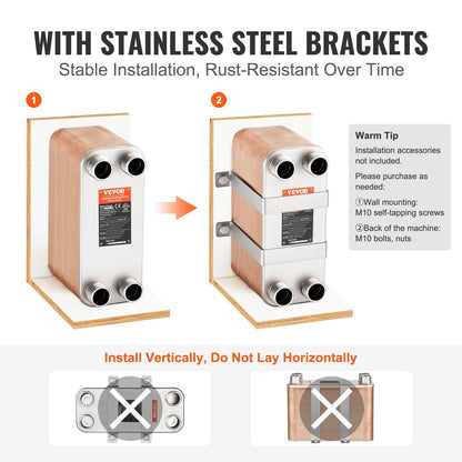 80-Plate Copper/Steel Heat Exchanger for Heating and Cooling, 127x305mm