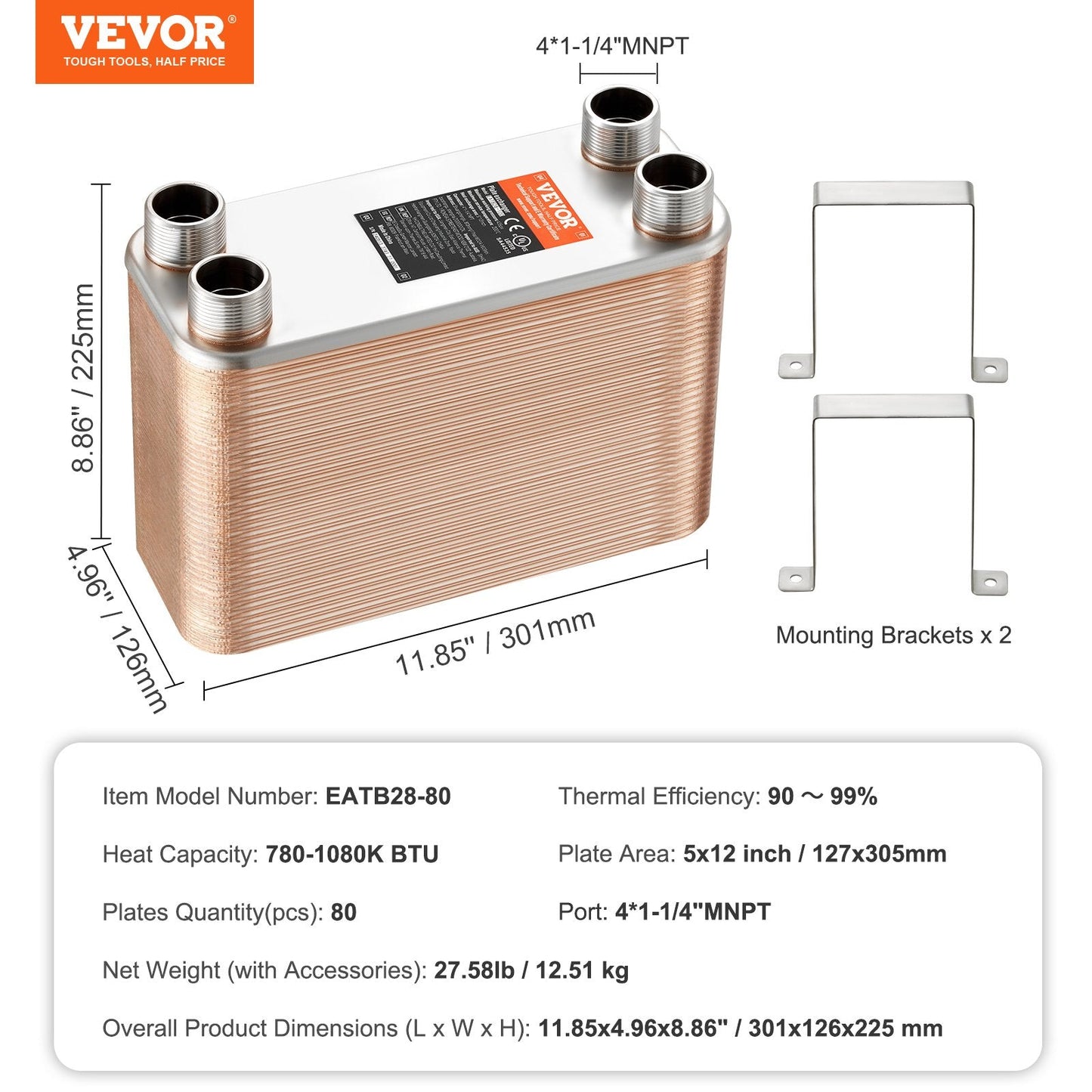 80-Plate Copper/Steel Heat Exchanger for Heating and Cooling, 127x305mm
