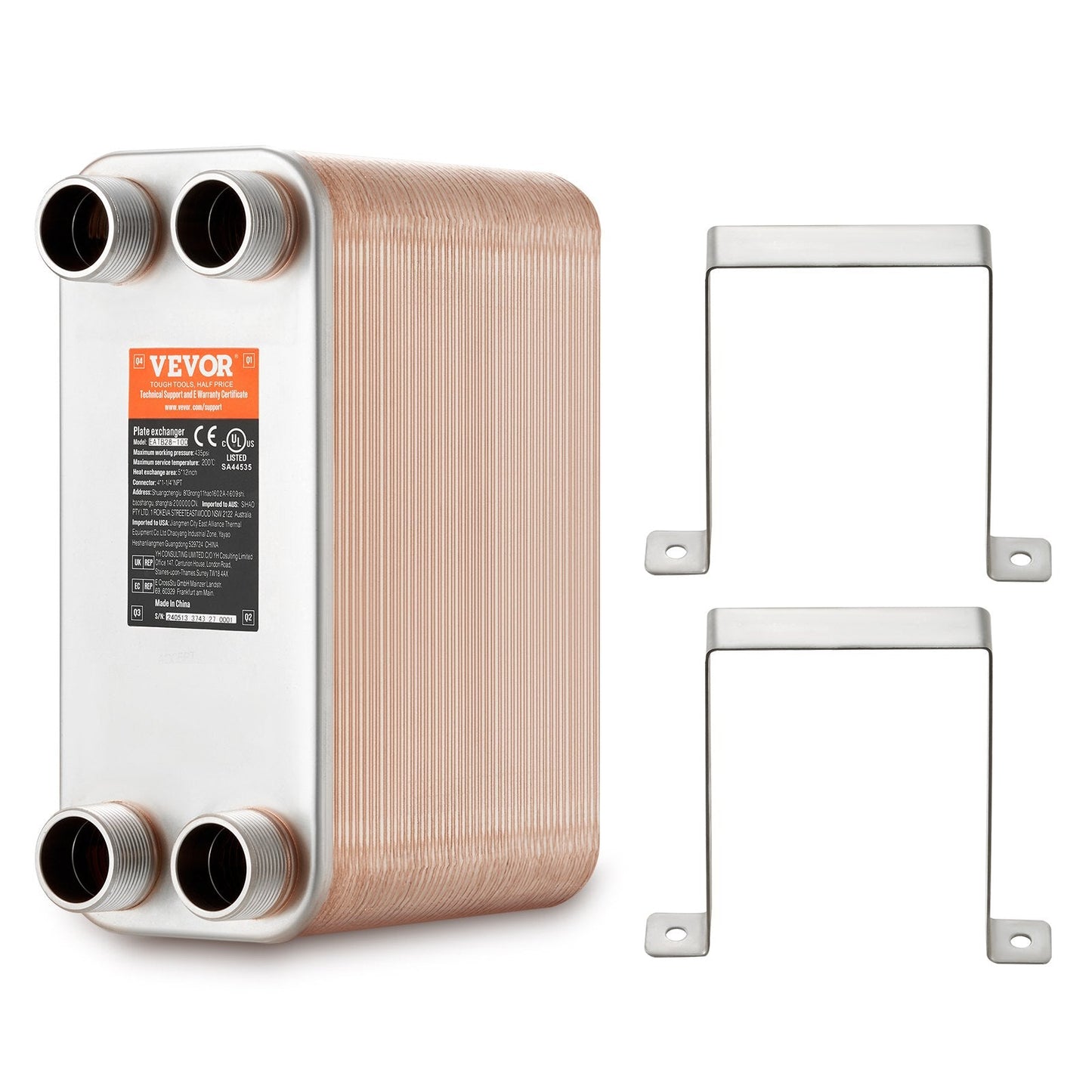 80-Plate Copper/Steel Heat Exchanger for Heating and Cooling, 127x305mm