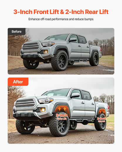 76.2 mm Front and 50.8 mm Rear Leveling Lift Kit for 2005-2021 2022 2023 Toyota Tacoma 2WD/4WD, Chassis Level Kit with 2 Front Strut Spacers, 2 Rear Lift Blocks, 4 U-Bolts, Suspension Level Kit
