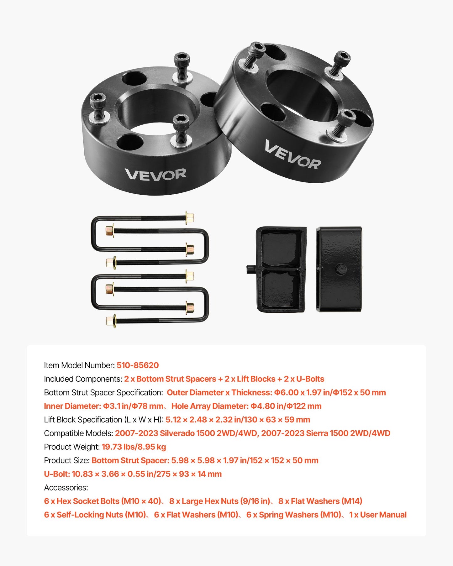 76.2 mm Front and 50.8 mm Rear Leveling Lift Kit for 2007-2023 Silverado 1500 2WD/4WD, 2007-2023 Sierra 1500 2WD/4WD, Chassis Level Kit with 2 Front Strut Spacers, 2 Rear Lift Blocks, 2 U-Bolts