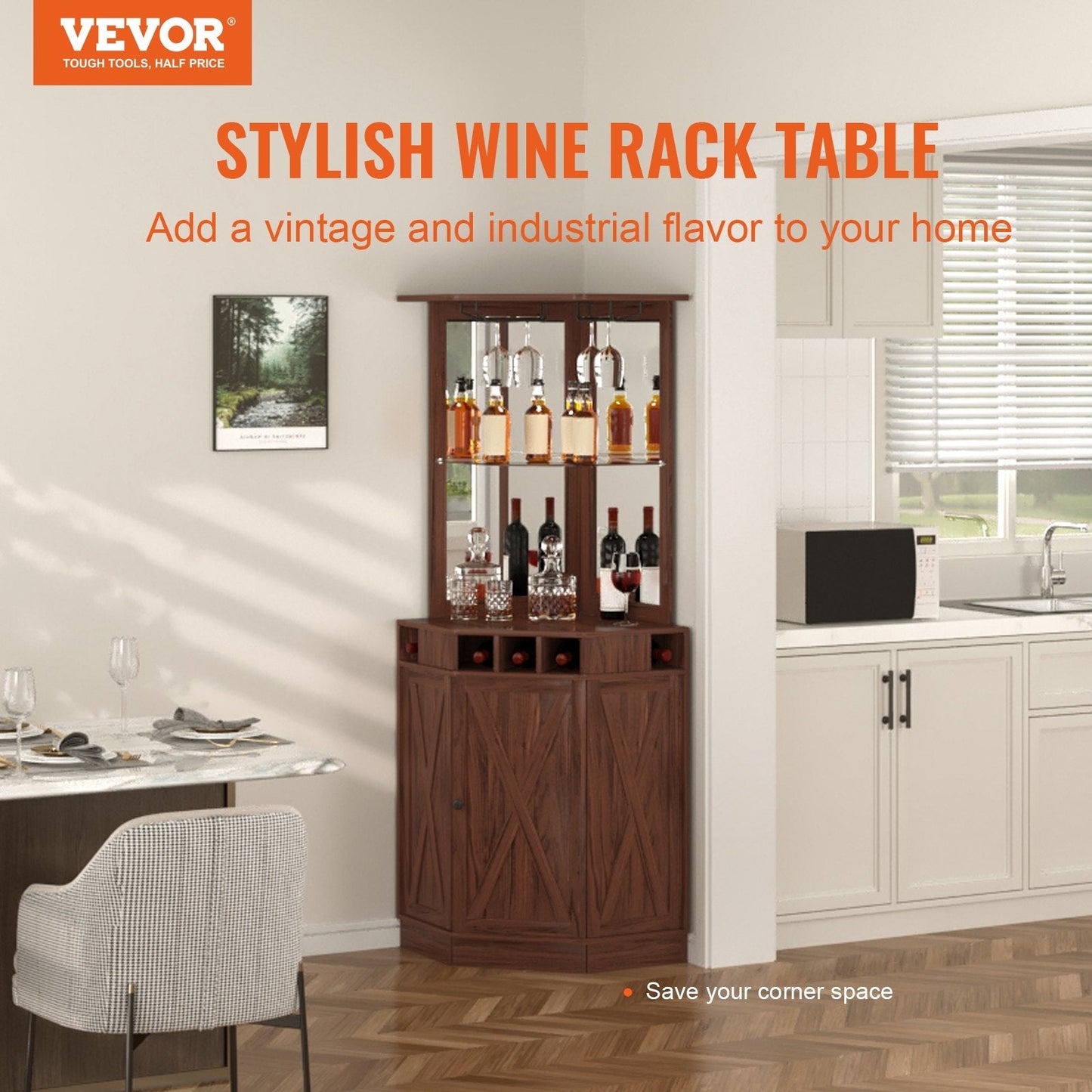 Corner Bar Cabinet with Glass Holder, Adjustable Shelf, Farmhouse Style, Brown