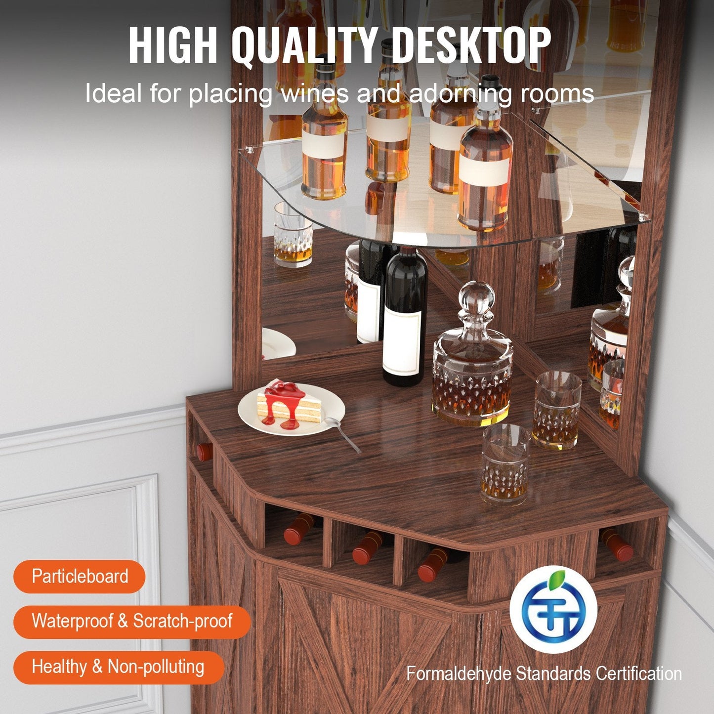 Corner Bar Cabinet with Glass Holder, Adjustable Shelf, Farmhouse Style, Brown