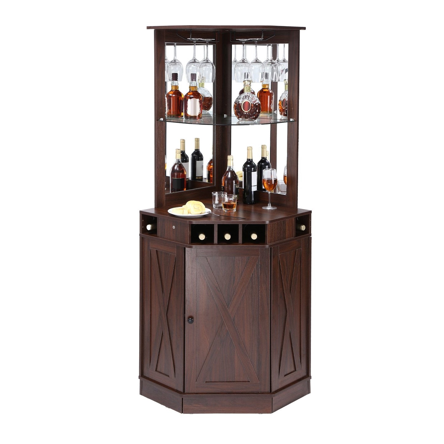 Corner Bar Cabinet with Glass Holder, Adjustable Shelf, Farmhouse Style, Brown