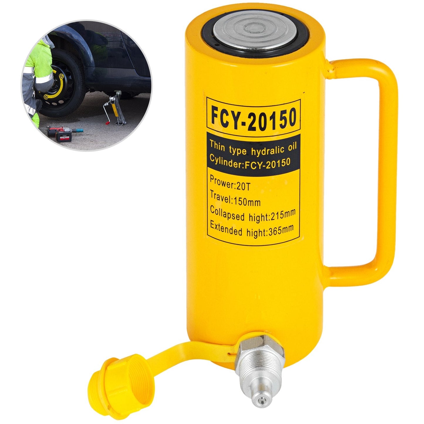 20 Ton Hydraulic Cylinder Jack, 0.15m Stroke, Single Acting, Portable Design