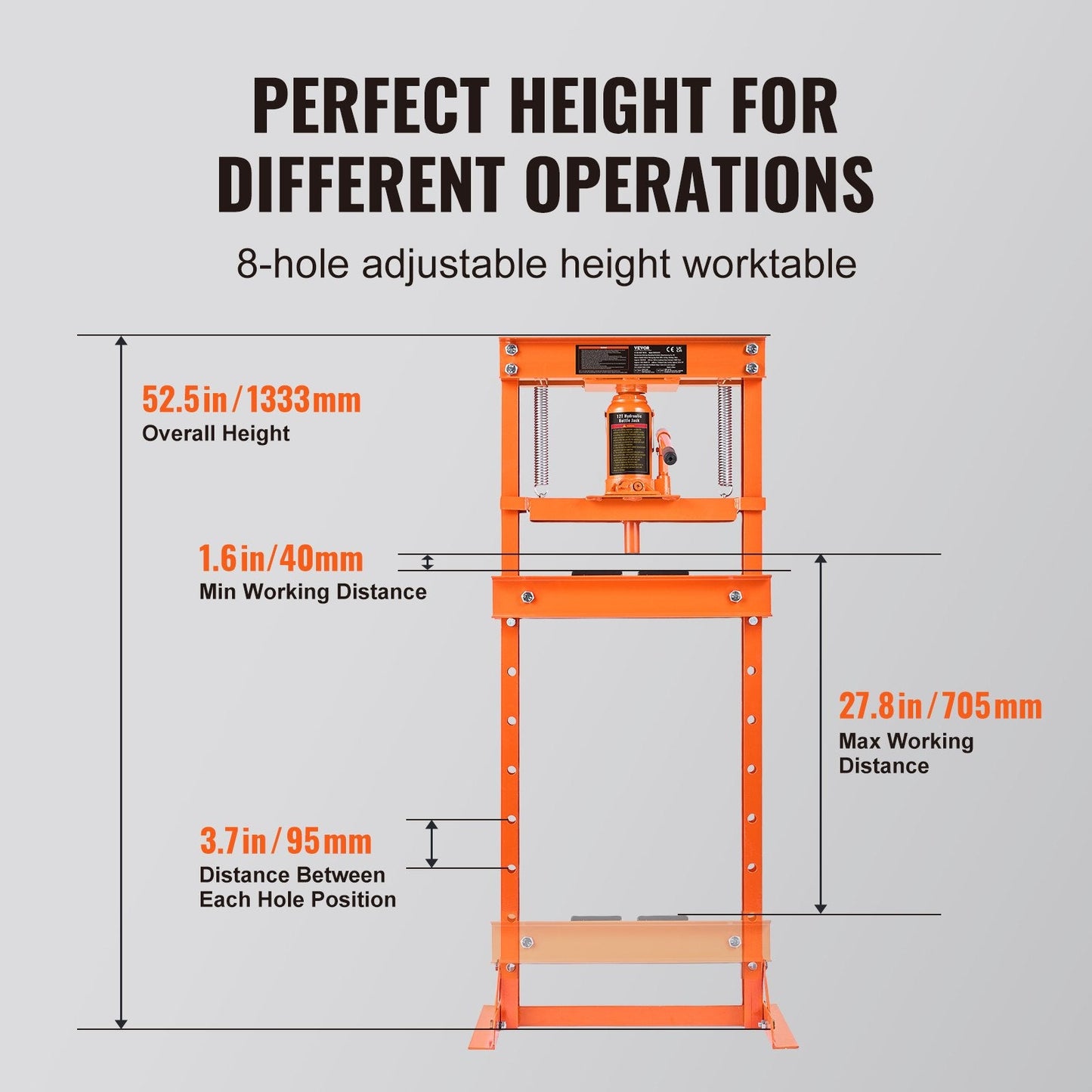 12 Ton Hydraulic H-Frame Press with Safety Valve and Adjustable Height