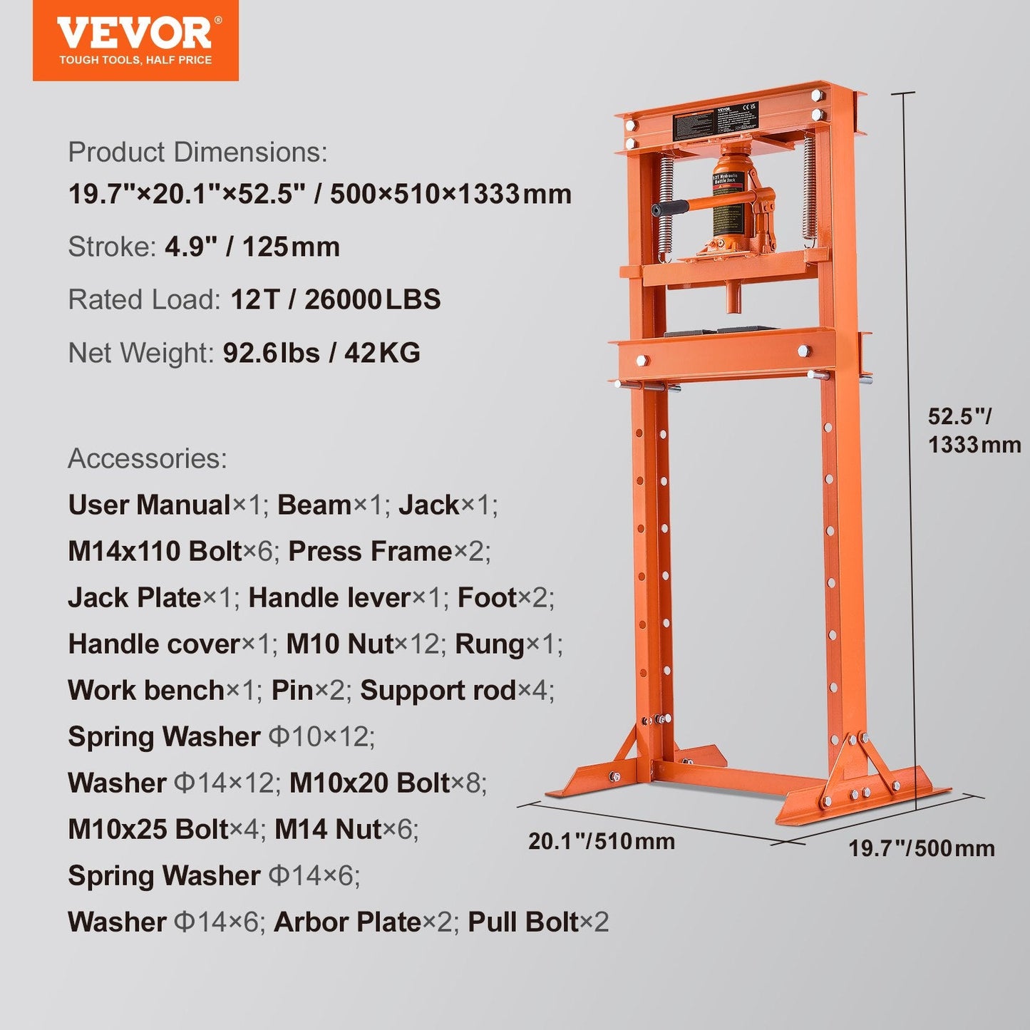 12 Ton Hydraulic H-Frame Press with Safety Valve and Adjustable Height