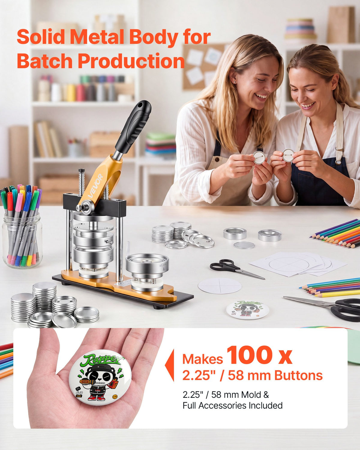 Button Maker Machine, 2.25" / 58 mm, Solid Metal Pin Maker with 100pcs Button Parts, Circle Cutter and Magic Book, Reinforced Ergonomic Handle, Steel Mold, for DIY Badges, Pins, Key Chains