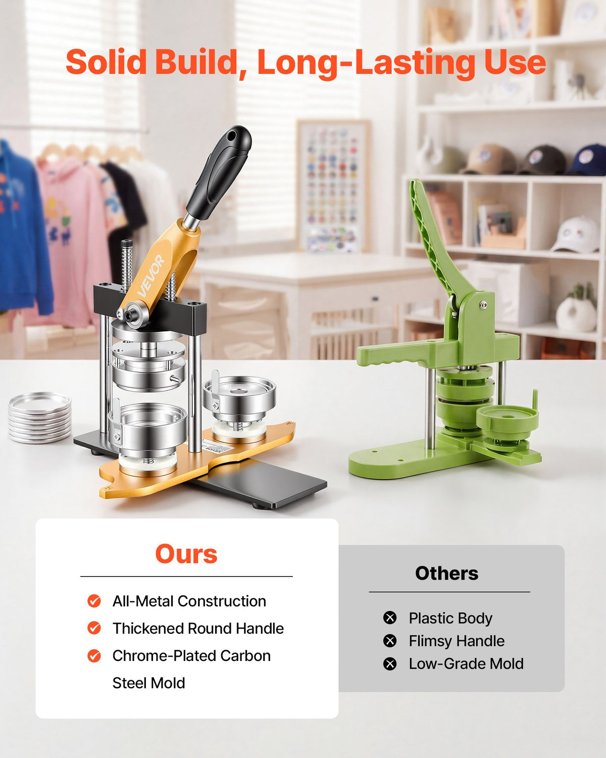 Button Maker Machine, 2.25" / 58 mm, Solid Metal Pin Maker with 100pcs Button Parts, Circle Cutter and Magic Book, Reinforced Ergonomic Handle, Steel Mold, for DIY Badges, Pins, Key Chains
