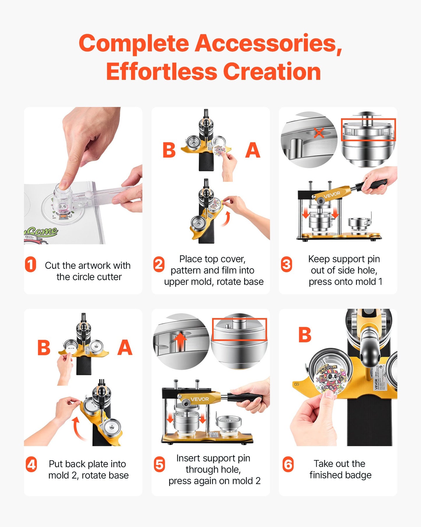 Button Maker Machine, 2.25" / 58 mm, Solid Metal Pin Maker with 100pcs Button Parts, Circle Cutter and Magic Book, Reinforced Ergonomic Handle, Steel Mold, for DIY Badges, Pins, Key Chains