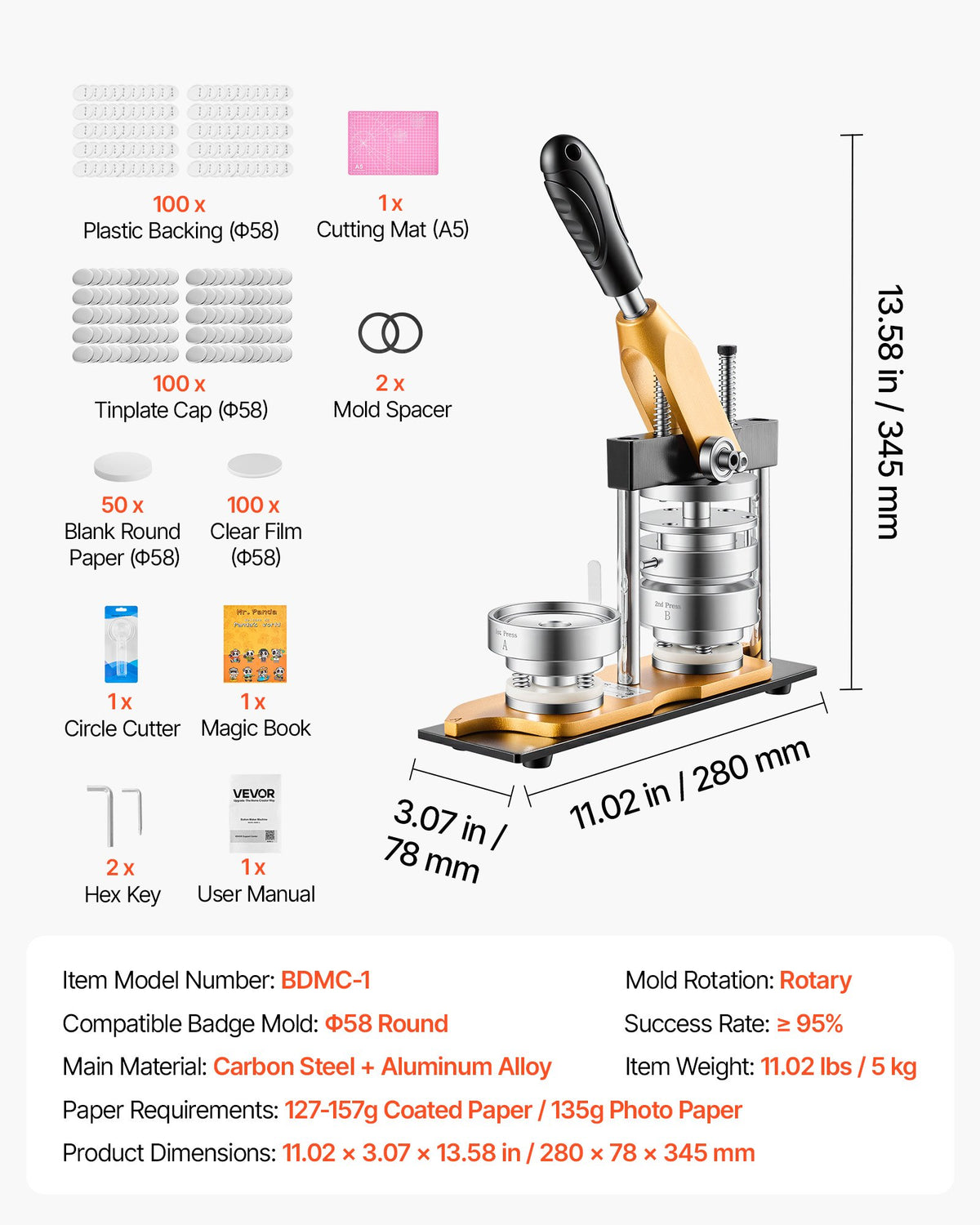 Button Maker Machine, 2.25" / 58 mm, Solid Metal Pin Maker with 100pcs Button Parts, Circle Cutter and Magic Book, Reinforced Ergonomic Handle, Steel Mold, for DIY Badges, Pins, Key Chains